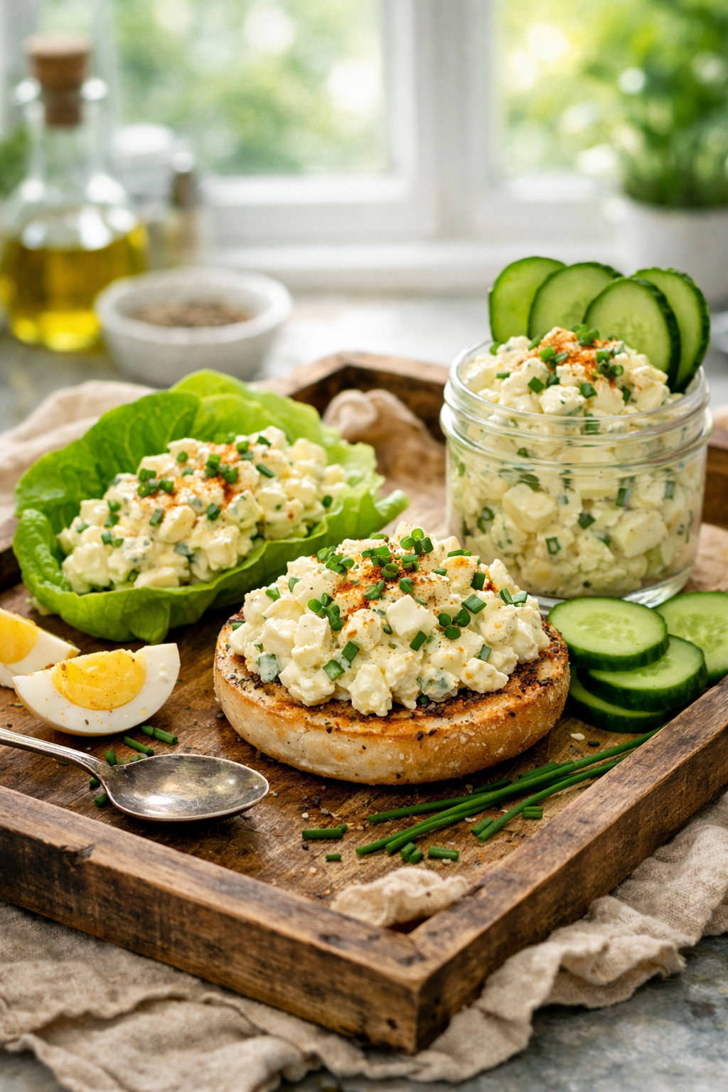 Portrait/Pinterest format () styled serving scene of finished Greek yogurt high protein egg salad presented three ways on a