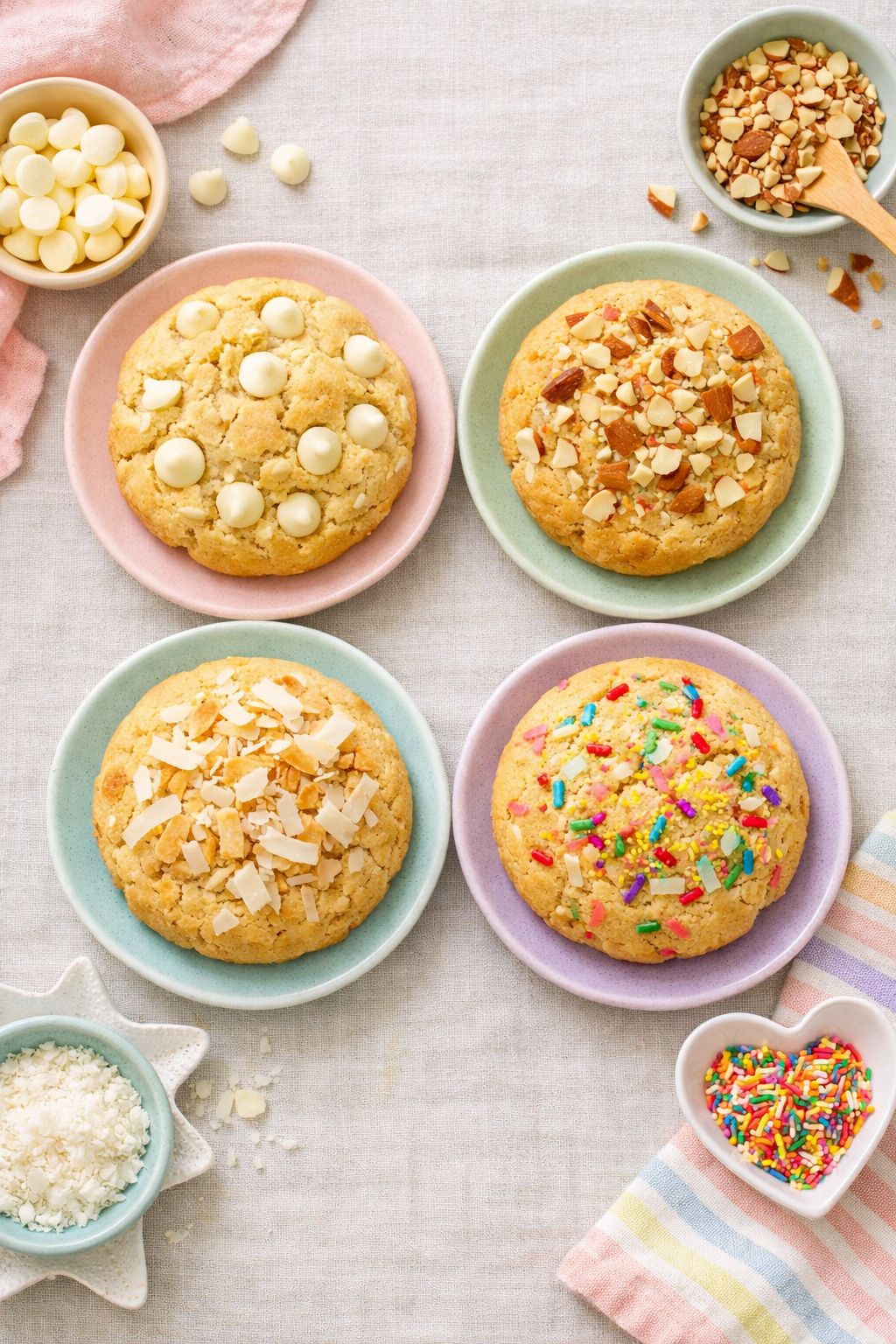 Portrait/Pinterest format () top-down overhead composition of four distinctly different soft-baked vanilla protein cookie