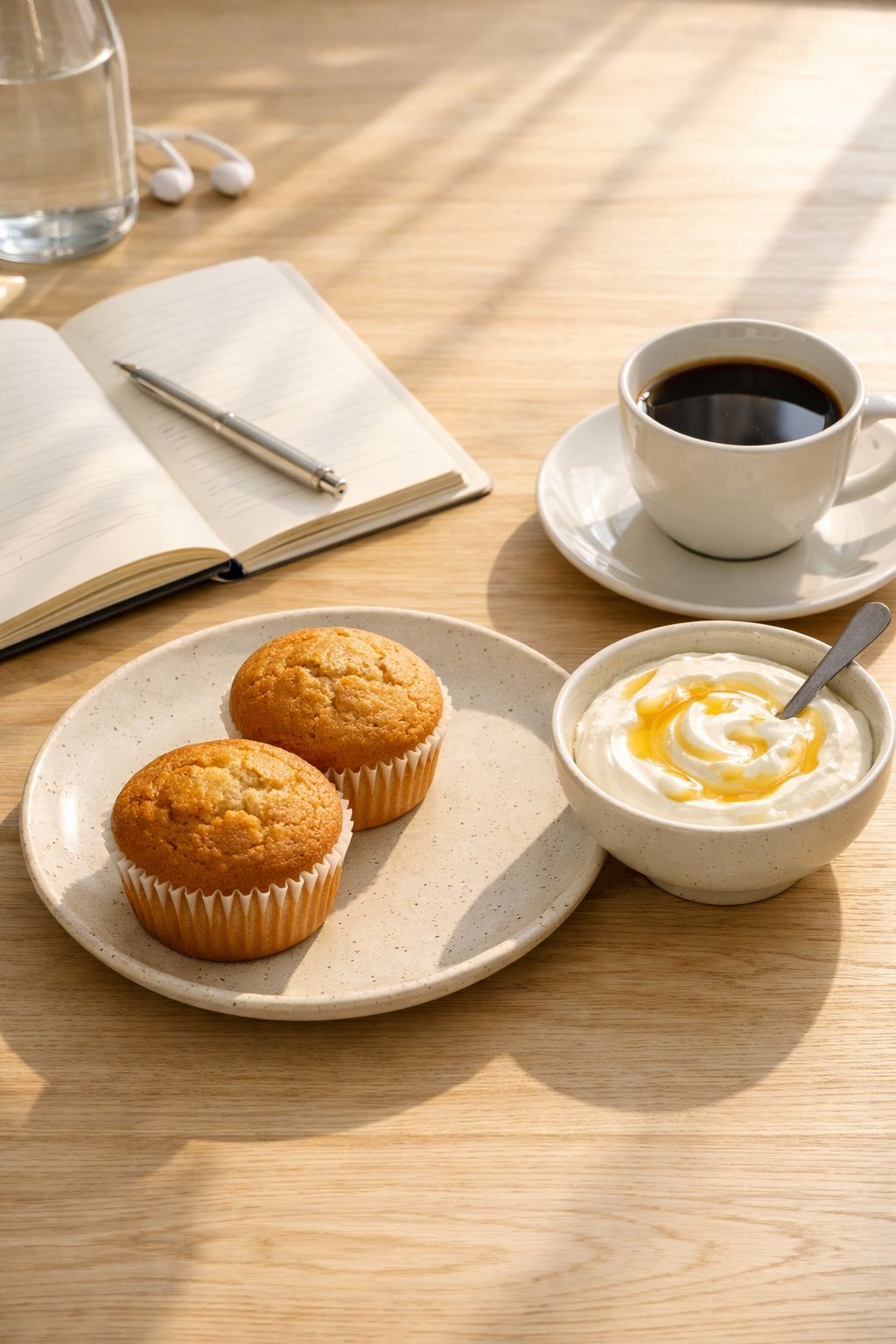 Portrait/Pinterest format () wide-angle styled shot of a complete healthy breakfast scene: two vanilla protein muffins on a