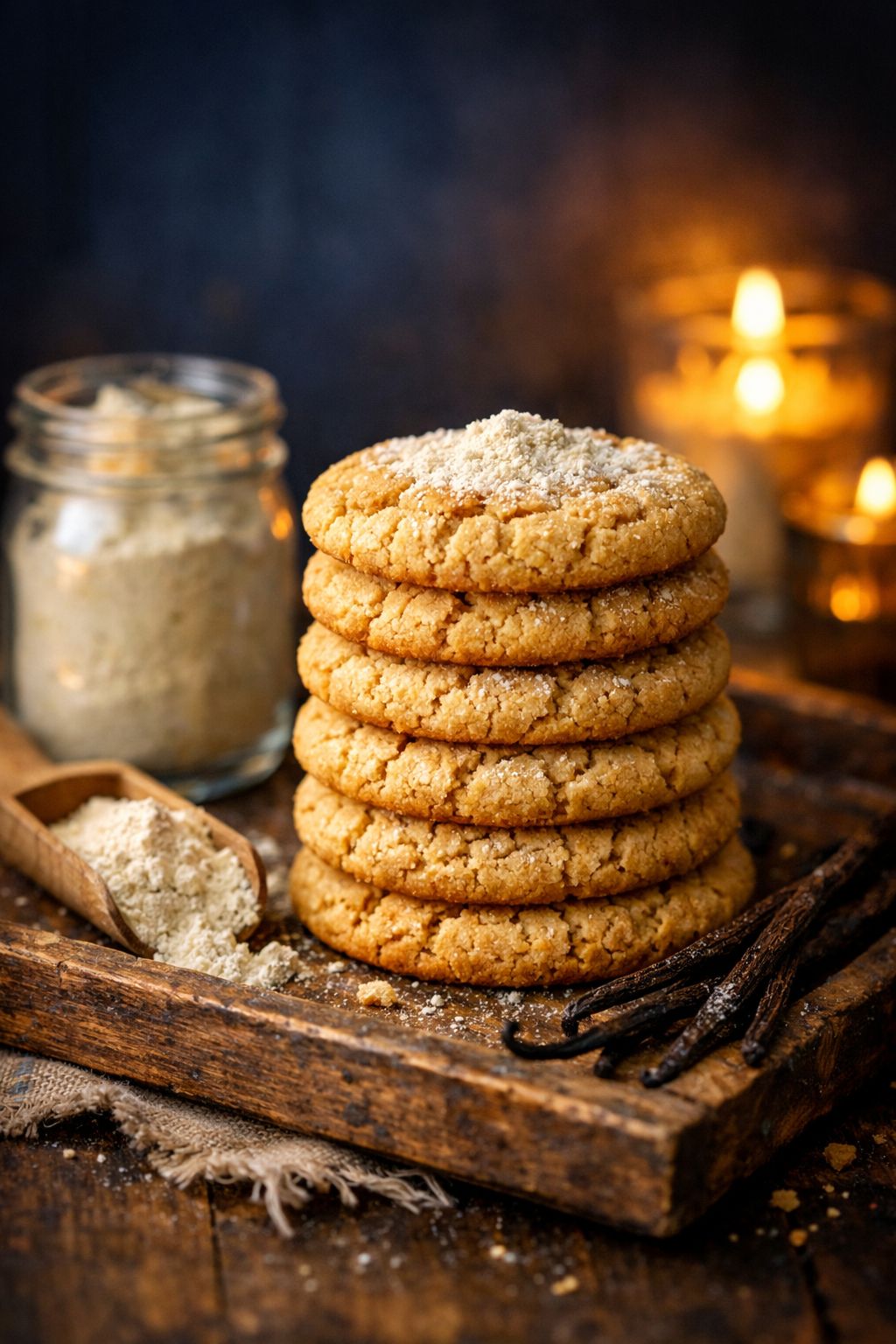 Professional portrait/Pinterest format () hero image of a rustic wooden tray holding a neat stack of golden-brown vanilla