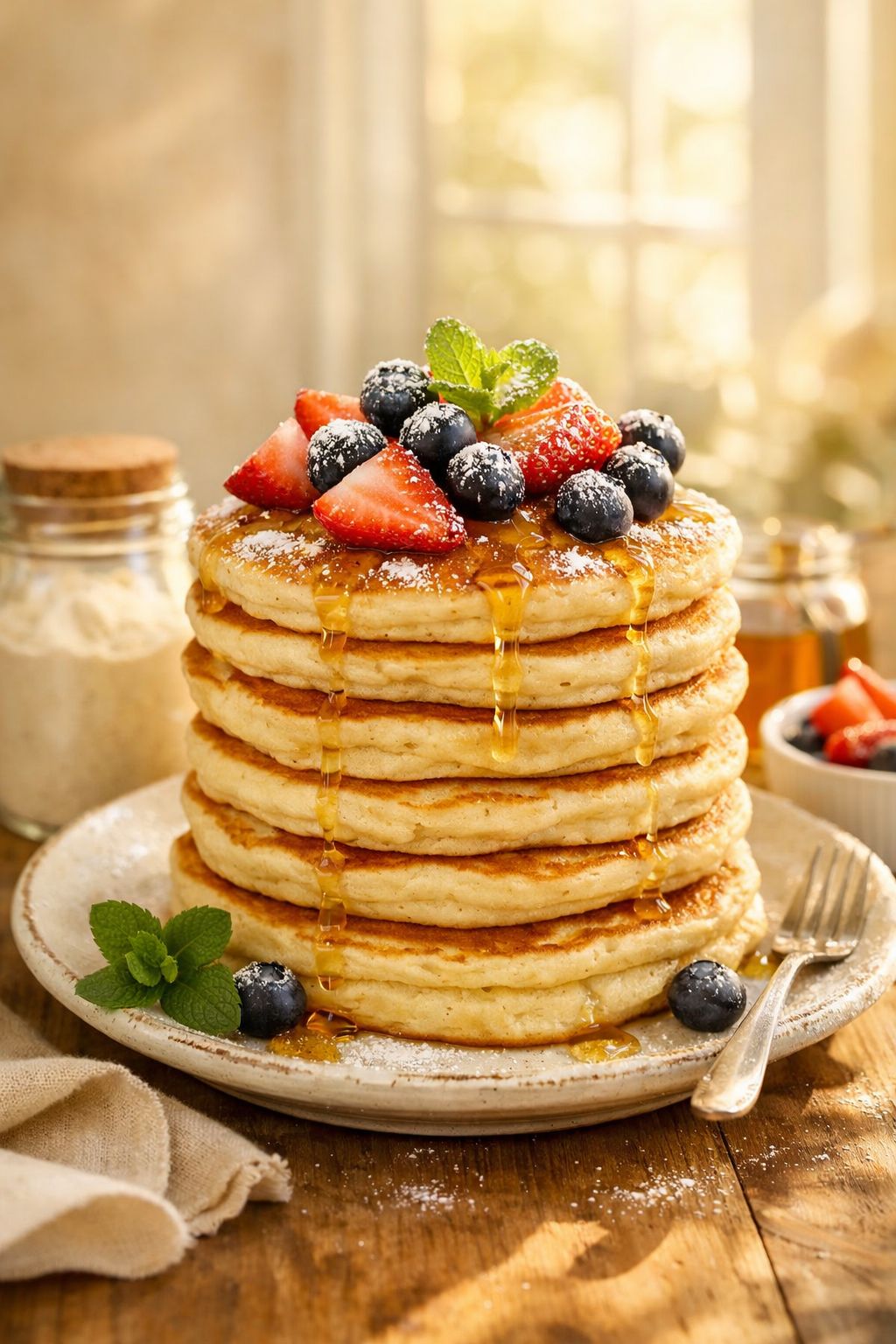 Professional portrait/Pinterest format () hero image of a tall, golden stack of fluffy vanilla protein pancakes on a rustic