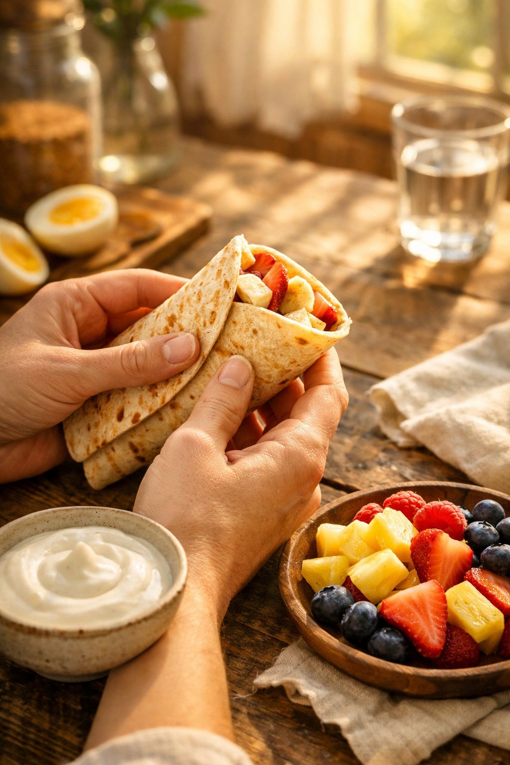 Styled lifestyle shot of a person's hands holding a rolled vanilla protein flatbread wrap over a rustic farmhouse table set