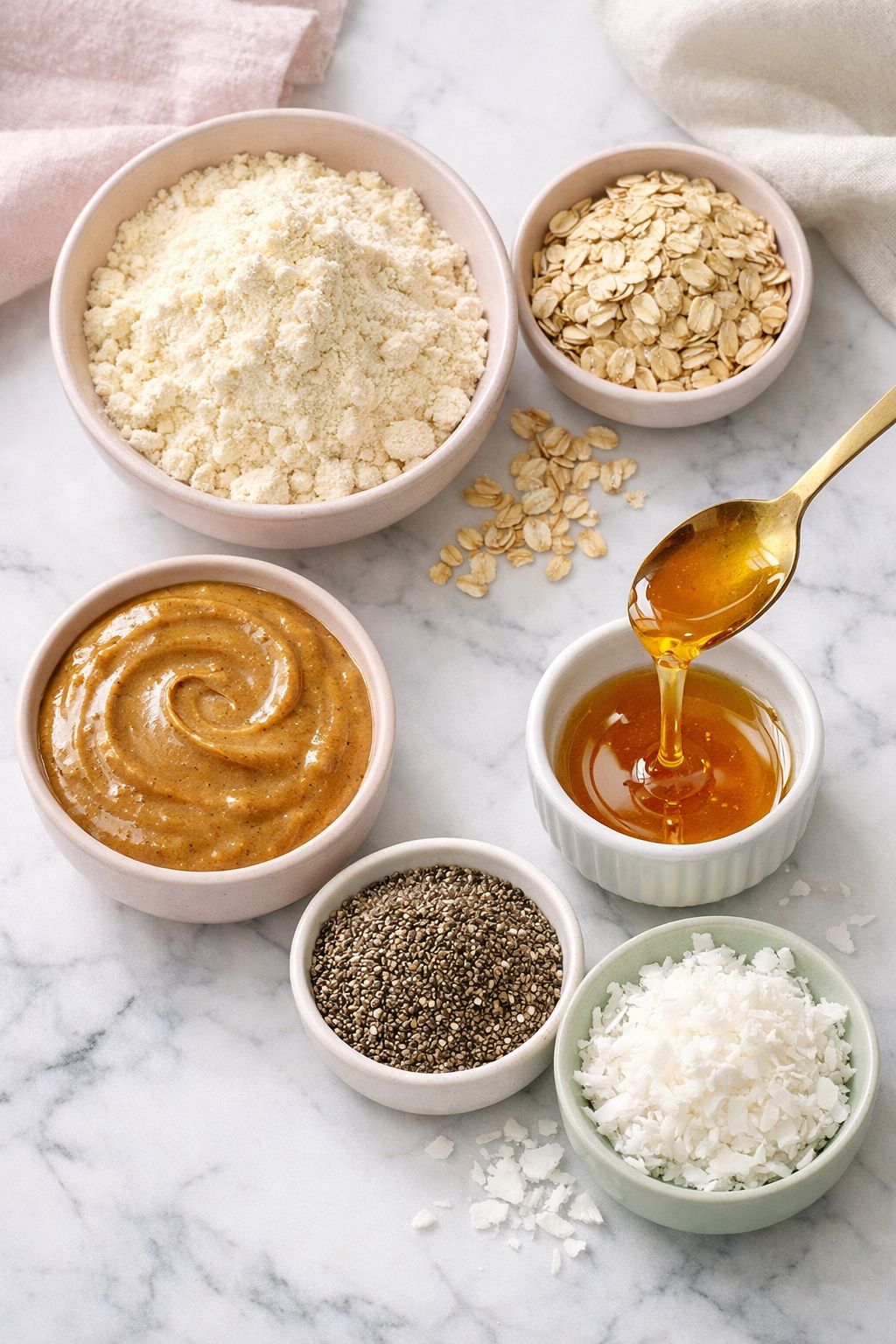 Key ingredients for no-bake vanilla protein balls