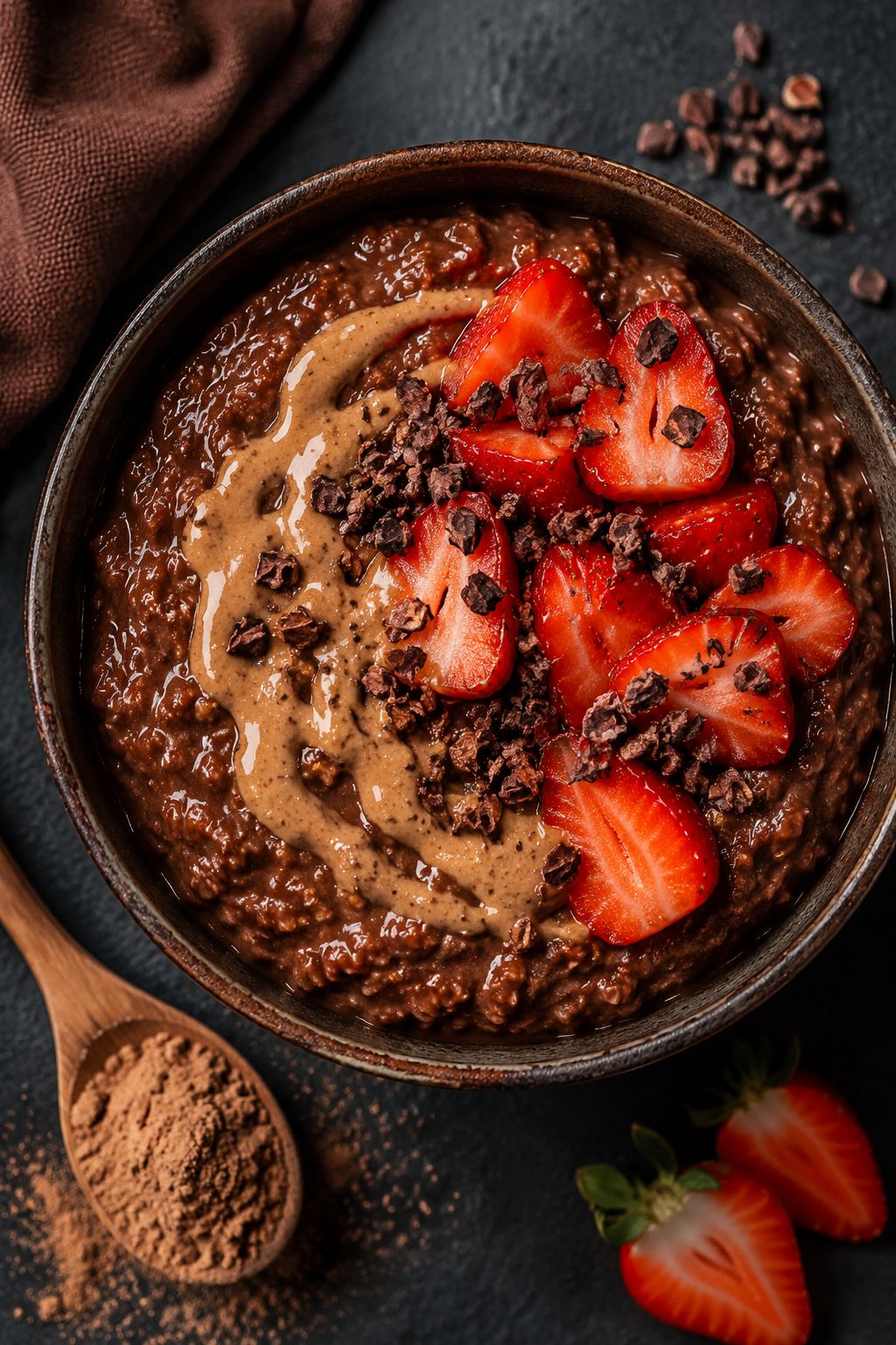 Close-up overhead flat lay of a bowl of thick chocolate protein porridge on a dark slate surface, topped with sliced