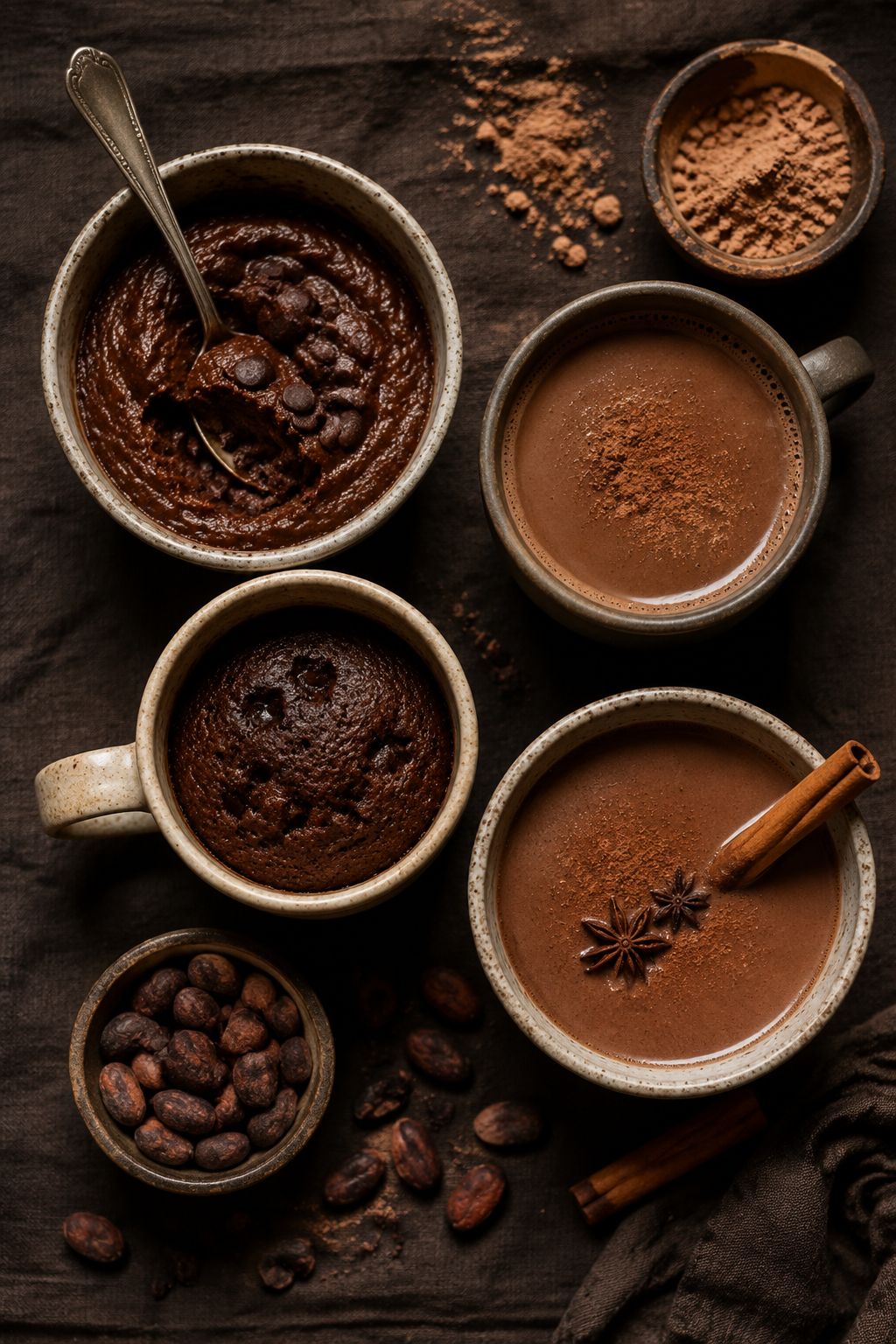 Overhead shot of a spread of four small bowls and mugs showing different warm chocolate protein recipes including a protein