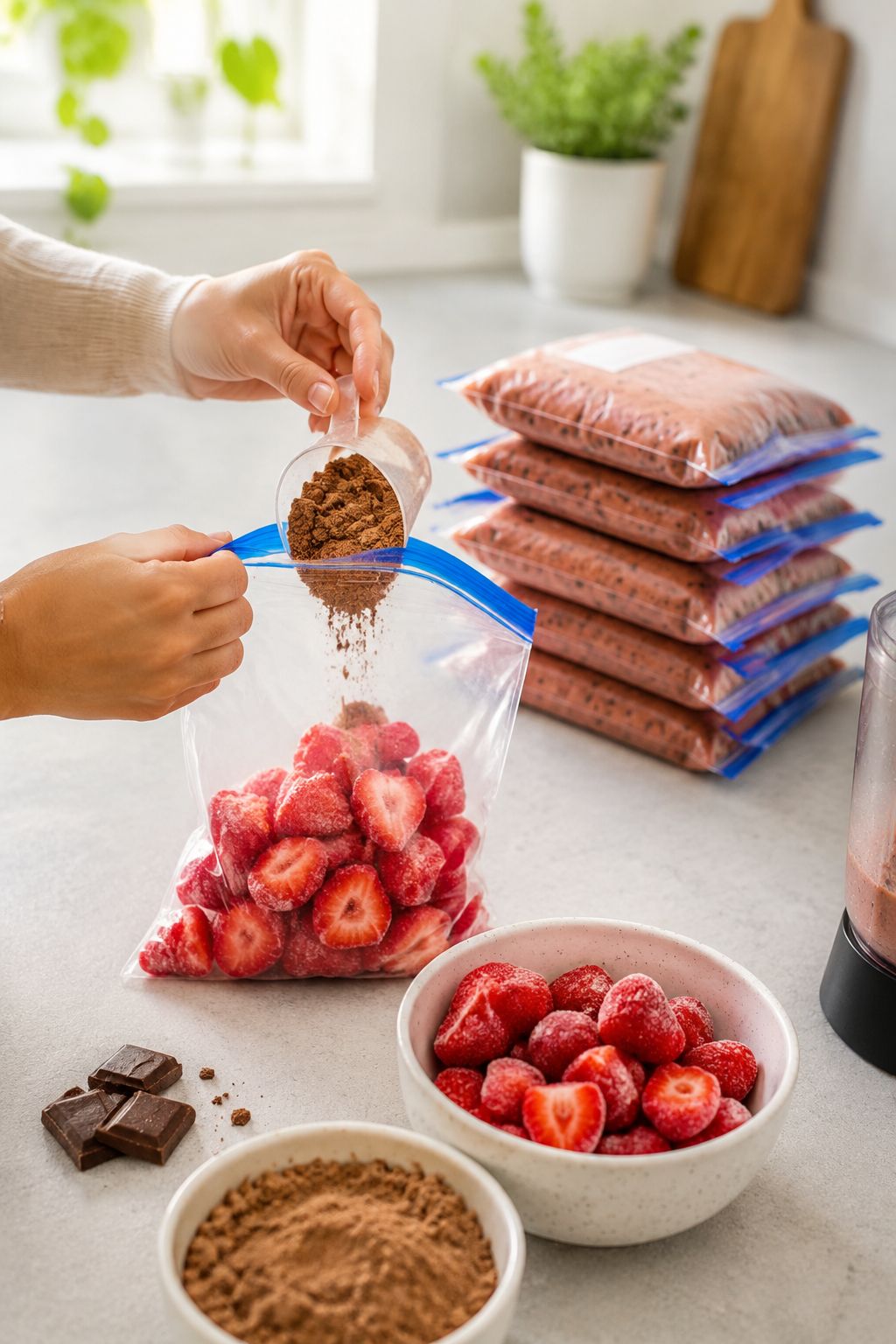Portrait/Pinterest format () action shot from a 45-degree angle showing hands placing frozen strawberries and chocolate