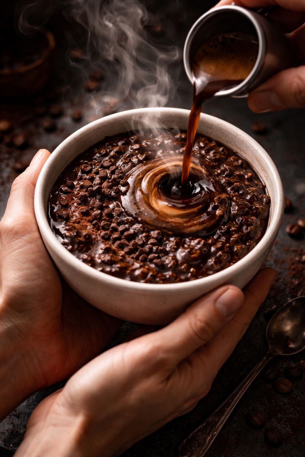 Portrait/Pinterest format () action shot from above showing hands holding a white ceramic bowl of chocolate espresso oatmeal