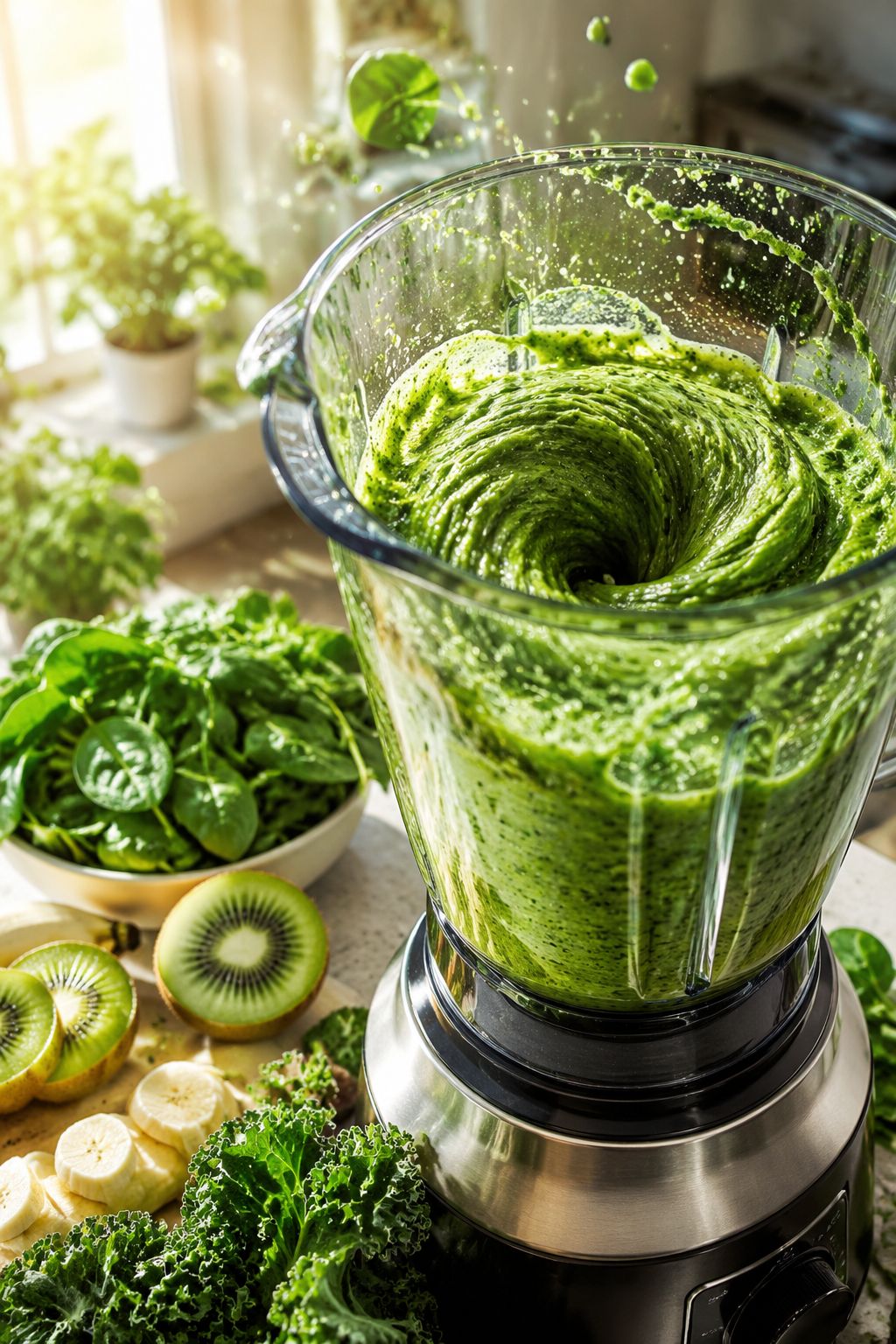 Portrait/Pinterest format () action shot of a blender mid-blend showing a swirling green spinach and banana smoothie, with