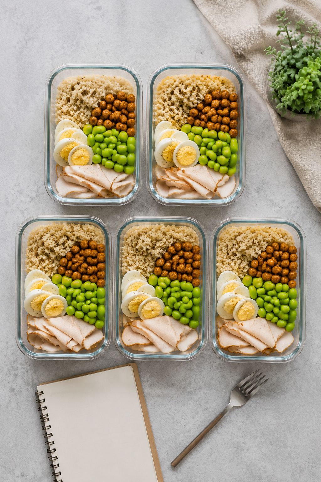 Portrait/Pinterest format () bird's-eye view flat-lay of a meal prep scene with five glass meal prep containers filled with