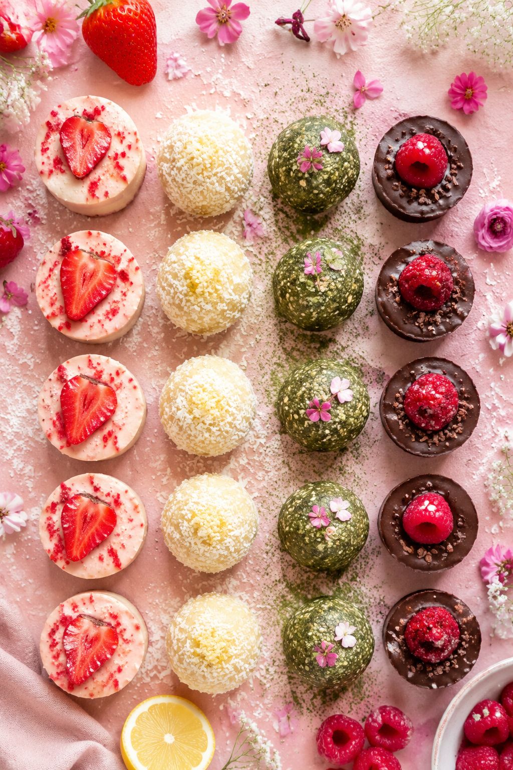 Portrait/Pinterest format () bird's-eye view of a colorful protein breakfast bite spread on a light pink surface —
