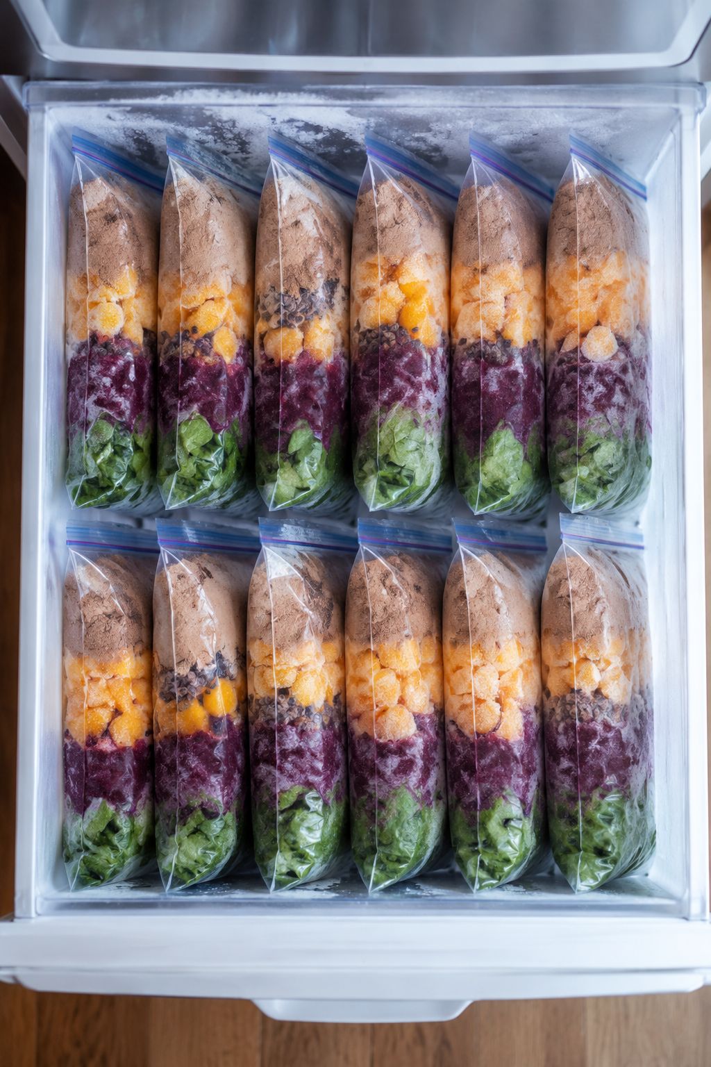 Portrait/Pinterest format () bird's-eye view of an open freezer drawer showing 12 neatly labeled meal prep smoothie packs