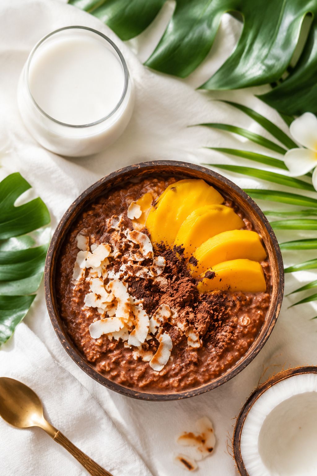 Portrait/Pinterest format () bright airy flat-lay of a tropical chocolate coconut oatmeal bowl on a white linen surface,