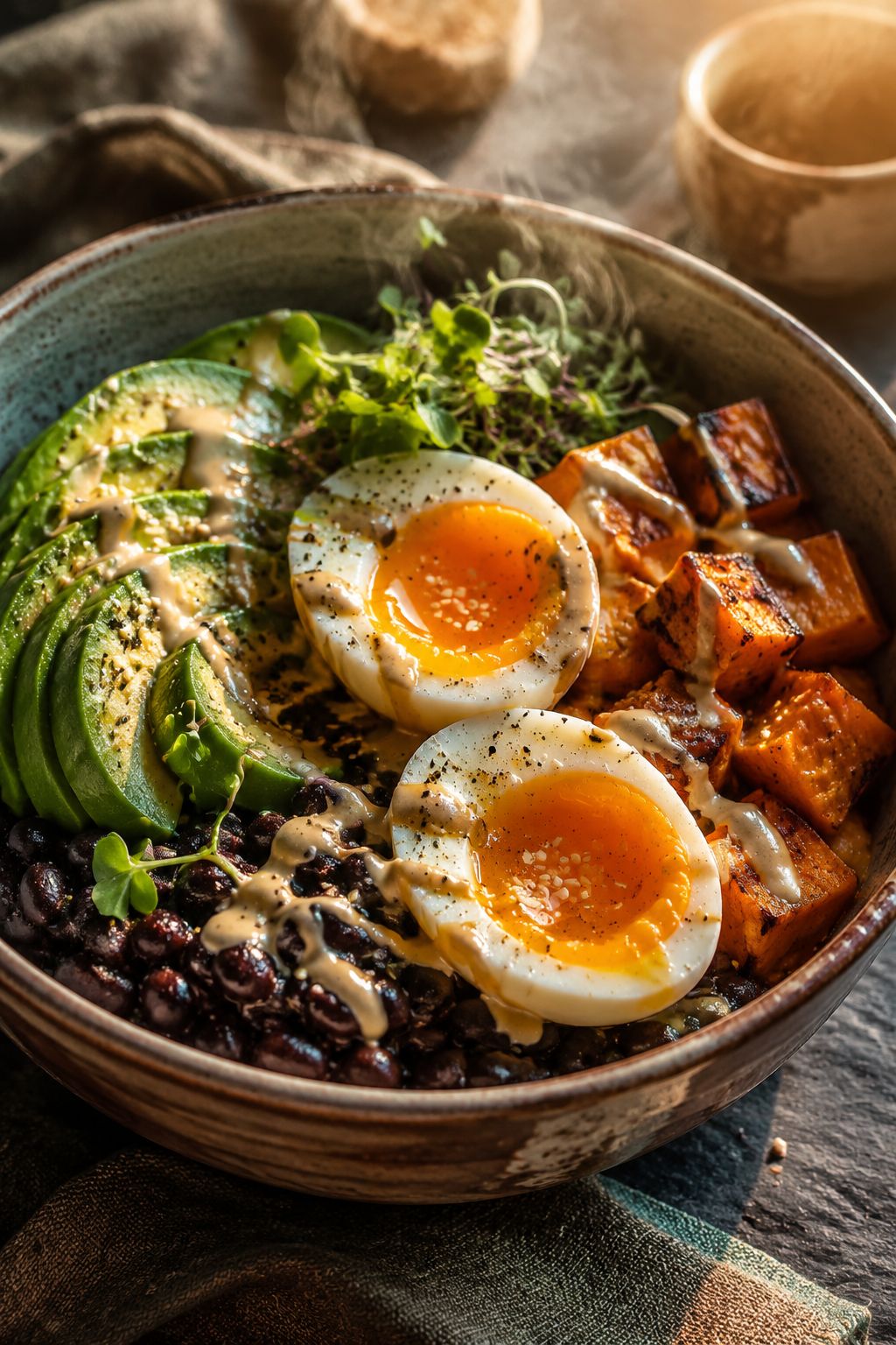 Portrait/Pinterest format () close-up angled shot of a single beautiful breakfast bowl filled with soft-boiled eggs, roasted