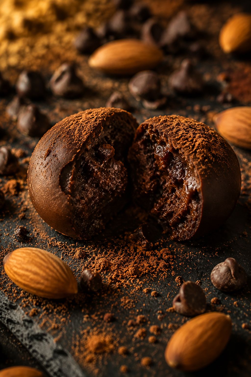 Portrait/Pinterest format () close-up macro shot of a single chocolate brownie protein bite being broken in half revealing a