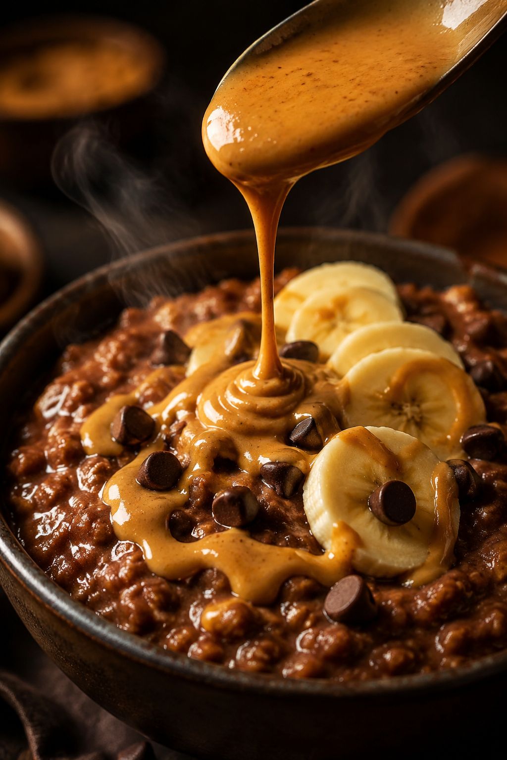 Portrait/Pinterest format () close-up macro shot of a thick creamy chocolate peanut butter oatmeal bowl being drizzled with