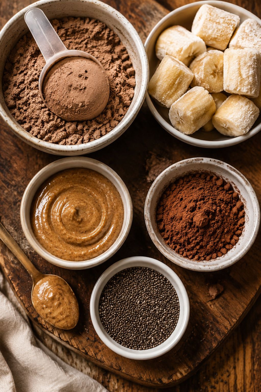 Portrait/Pinterest format () close-up overhead shot of meal prep smoothie pack ingredients laid out on a rustic wooden