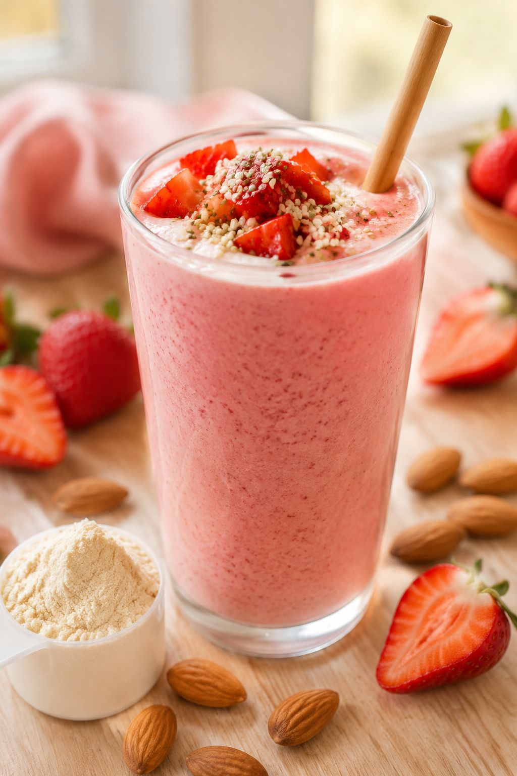 Portrait/Pinterest format () close-up shot of a single tall glass filled with a creamy berry-pink high-protein smoothie