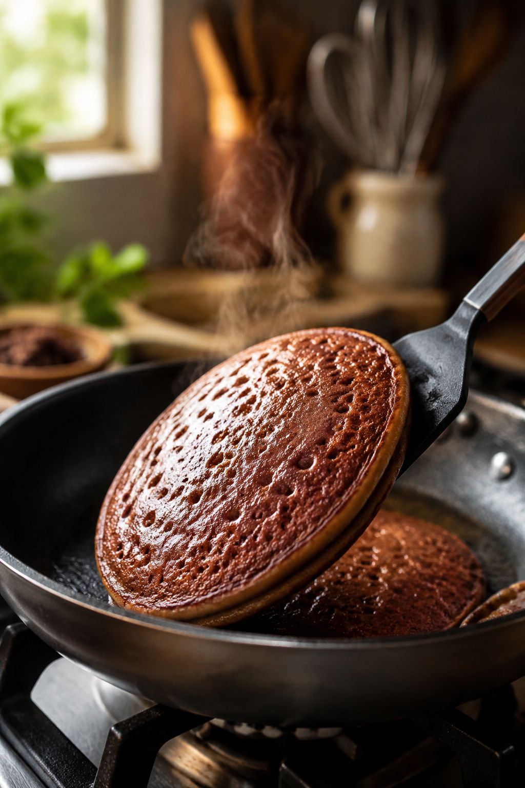 Portrait/Pinterest format () close-up side angle of golden-brown chocolate protein pancakes being flipped in a non-stick
