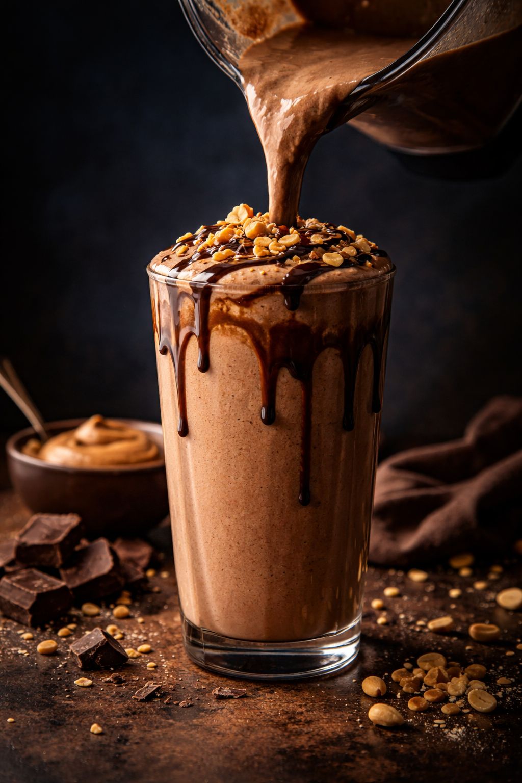 Portrait/Pinterest format () dramatic low-angle shot of a tall glass chocolate peanut butter smoothie being poured from a