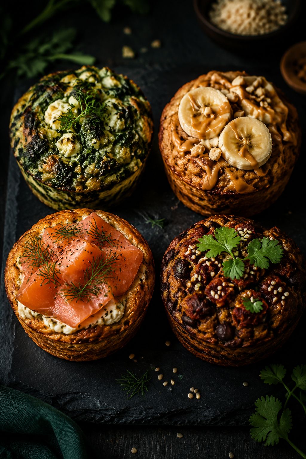Portrait/Pinterest format () dynamic angled shot of four different protein muffin varieties arranged in a 2x2 grid on a dark