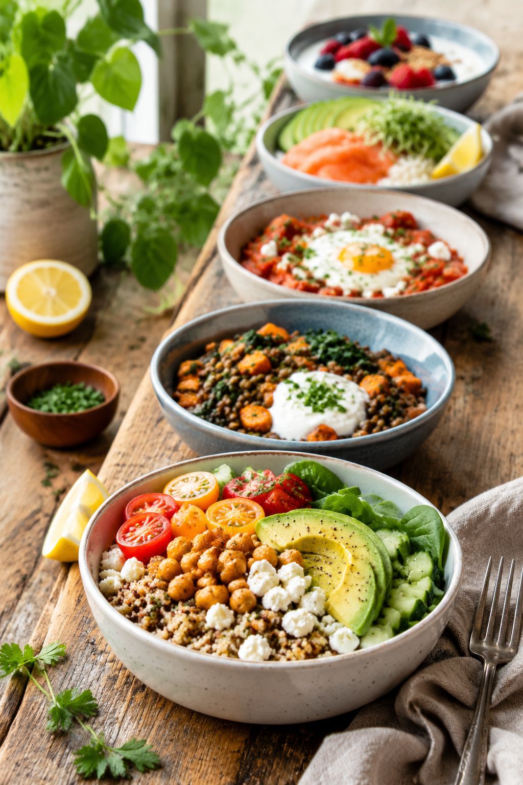 Portrait/Pinterest format () dynamic side-angle shot of five stacked breakfast bowls in a row on a wooden farmhouse table,