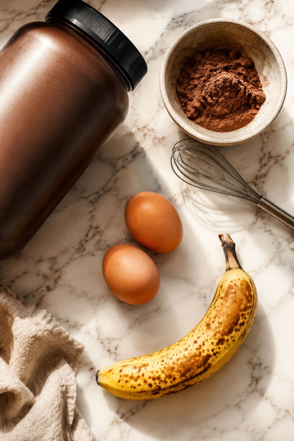 Portrait/Pinterest format () flat lay overhead shot of three simple ingredients arranged artfully on a white marble surface: