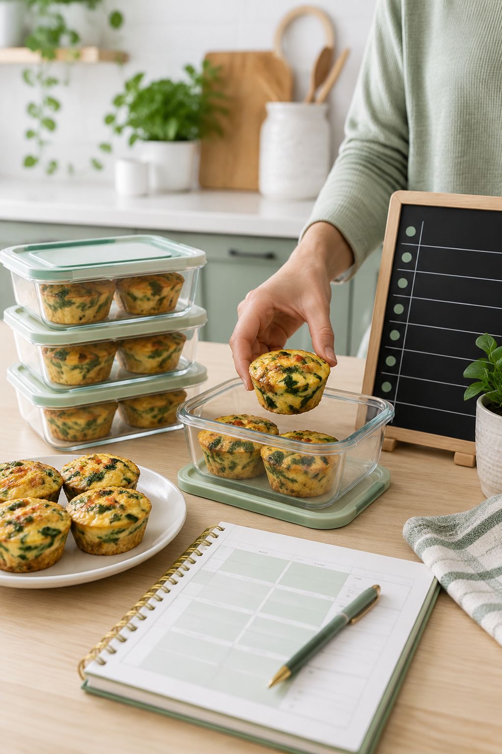 Portrait/Pinterest format () meal prep scene showing glass containers with lids being filled with high-protein breakfast