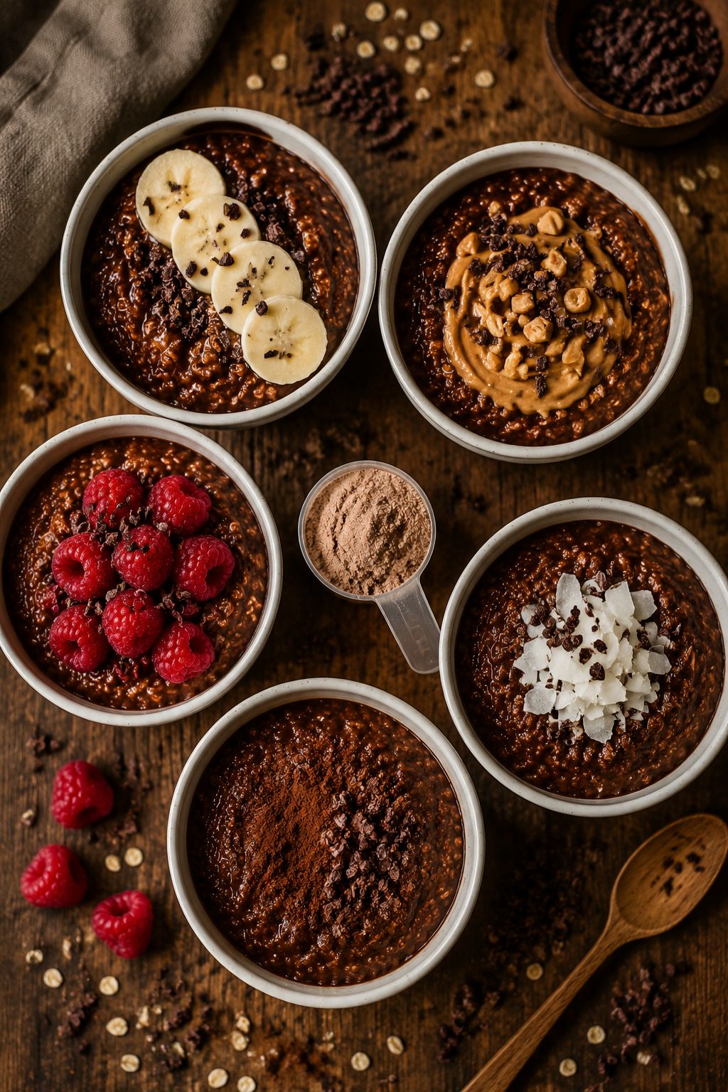 Portrait/Pinterest format () overhead flat-lay of five small white bowls arranged in a circle, each containing a different