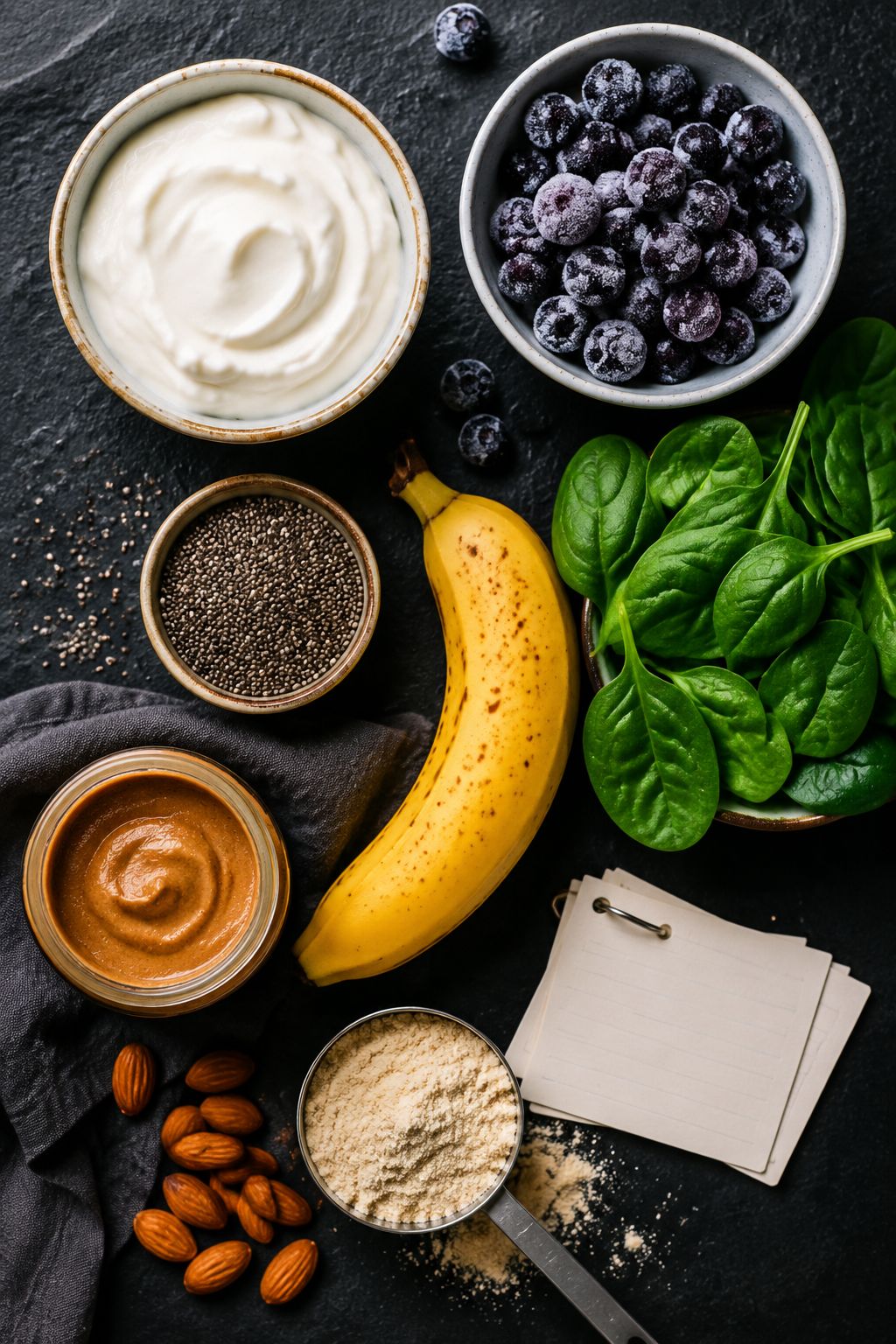 Portrait/Pinterest format () overhead flat-lay of smoothie ingredients artfully arranged: Greek yogurt container, frozen