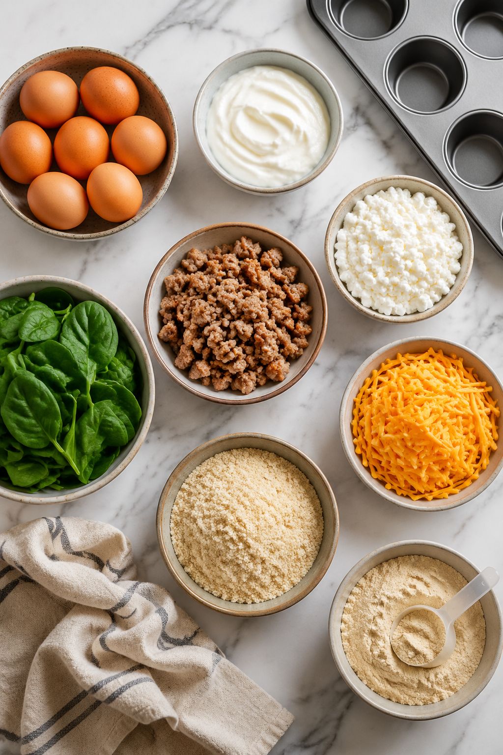 Portrait/Pinterest format () overhead flat-lay shot of meal prep ingredients for high-protein breakfast muffins spread