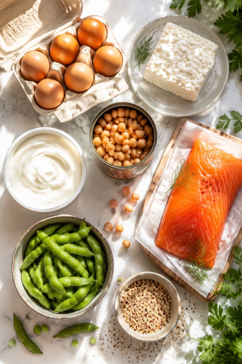 Portrait/Pinterest format () overhead shot of a bright kitchen counter with whole food protein sources arranged artfully: