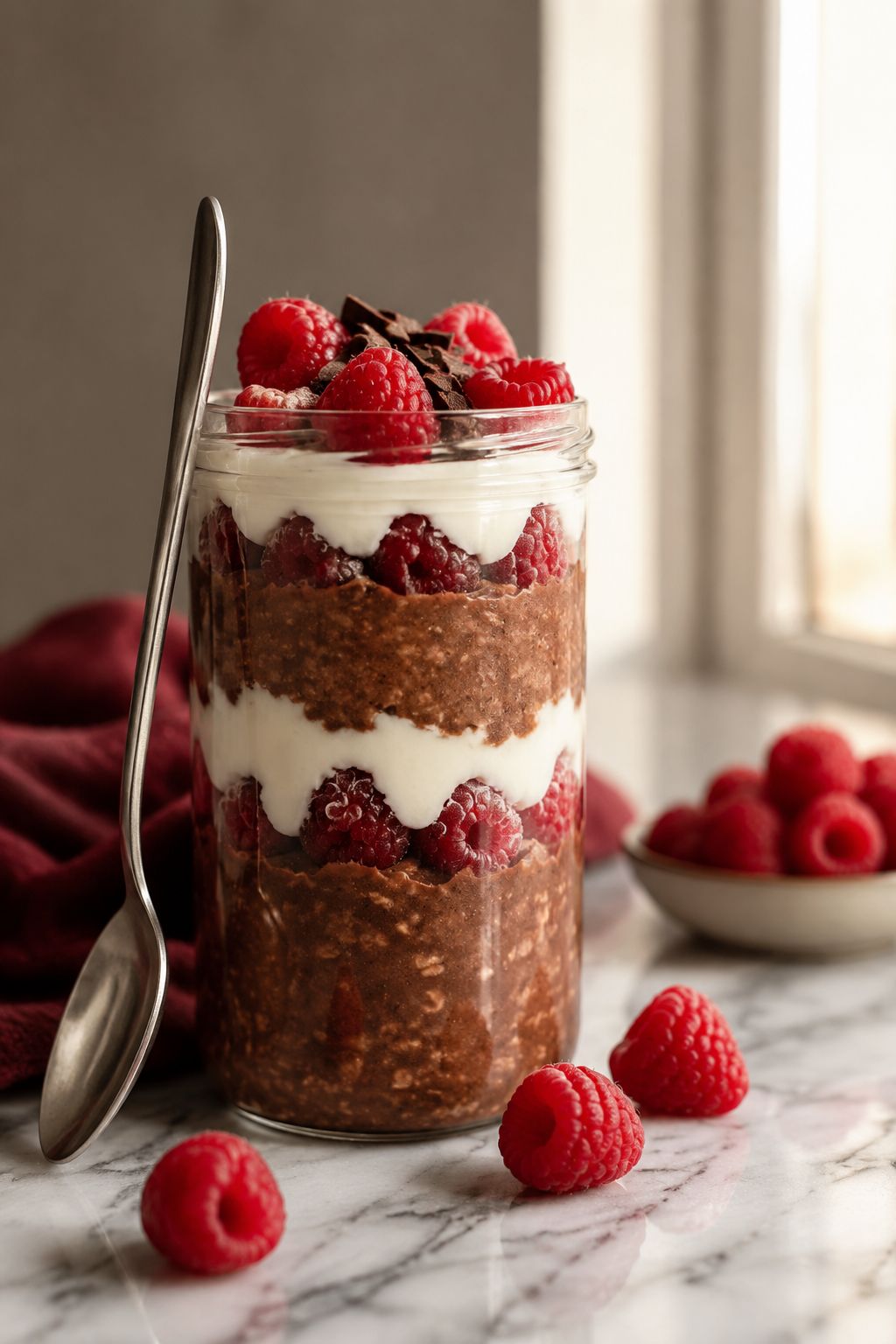 Portrait/Pinterest format () side-angle shot of a tall glass jar filled with overnight chocolate raspberry oatmeal, visible