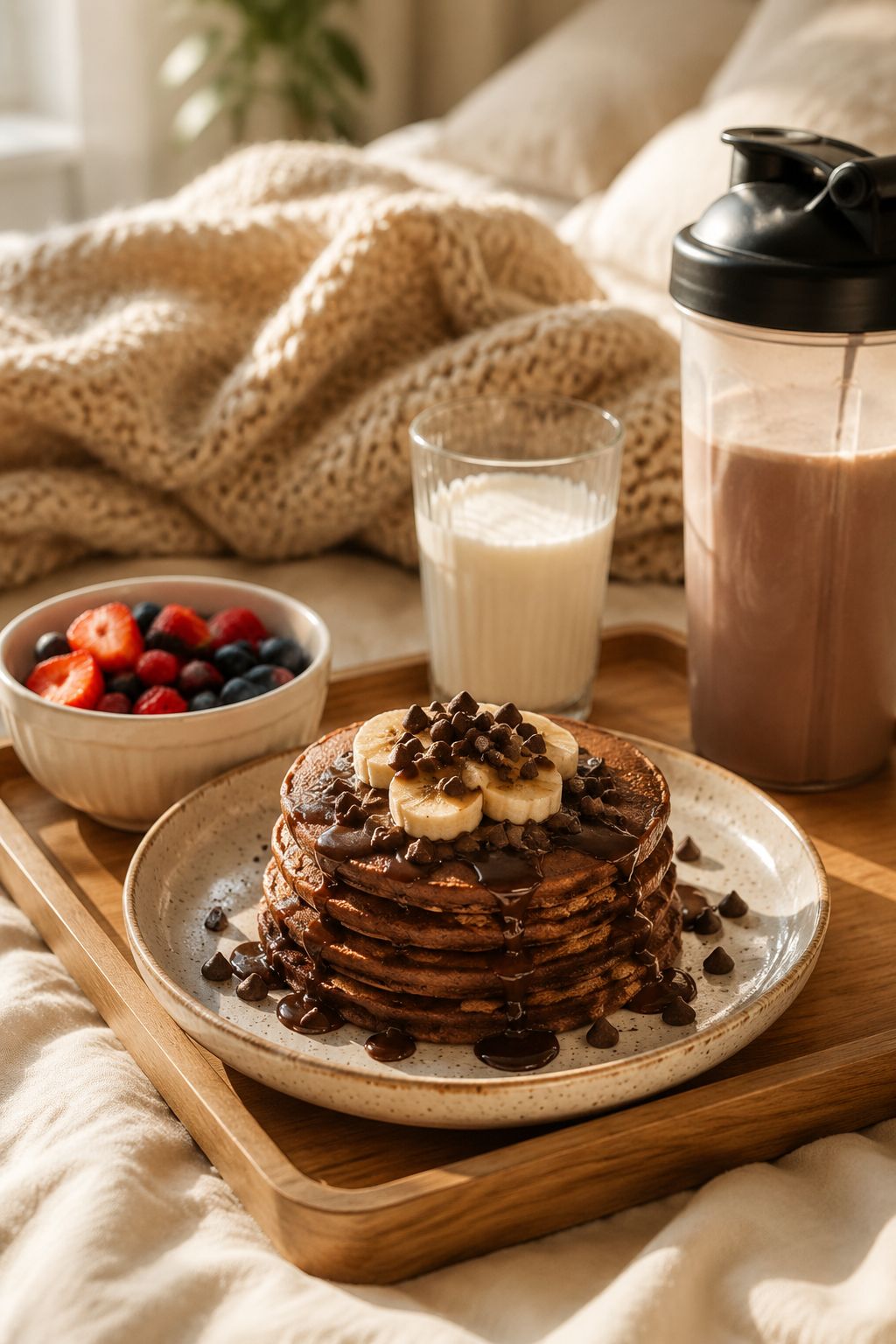 Portrait/Pinterest format () styled breakfast scene from a 45-degree angle showing a completed chocolate protein pancake