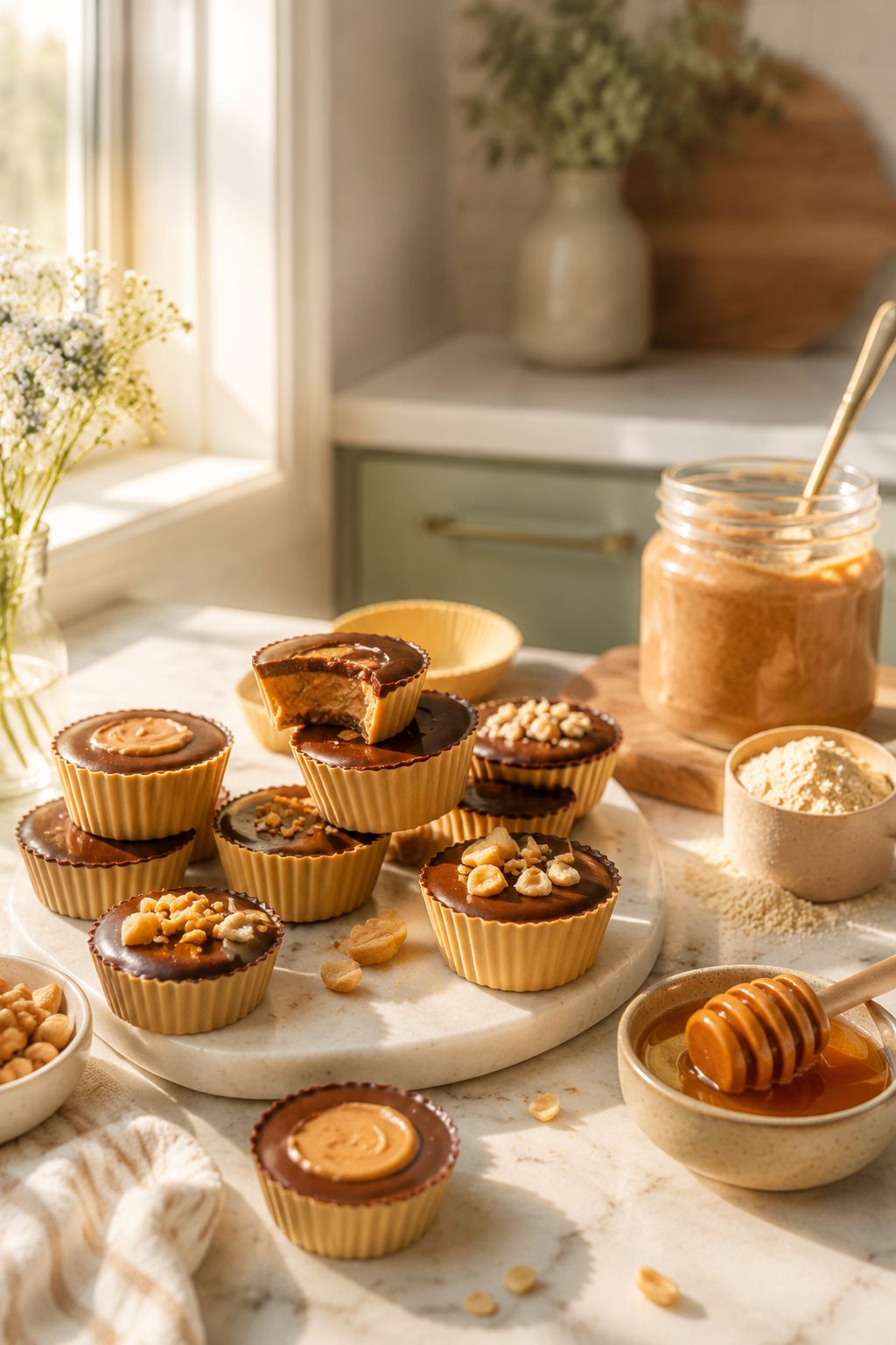 Portrait/Pinterest format () styled scene of a kitchen counter with a batch of freshly made peanut butter protein cups in