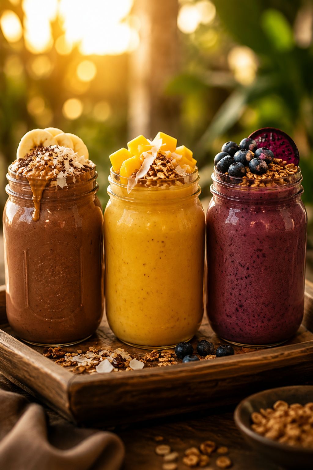 Portrait/Pinterest format () styled scene of three different high-protein smoothies in mason jars lined up on a rustic