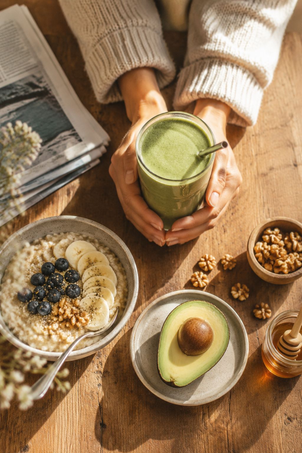 Portrait/Pinterest format () top-down view of a person's hands wrapping around a tall glass of creamy green smoothie at a