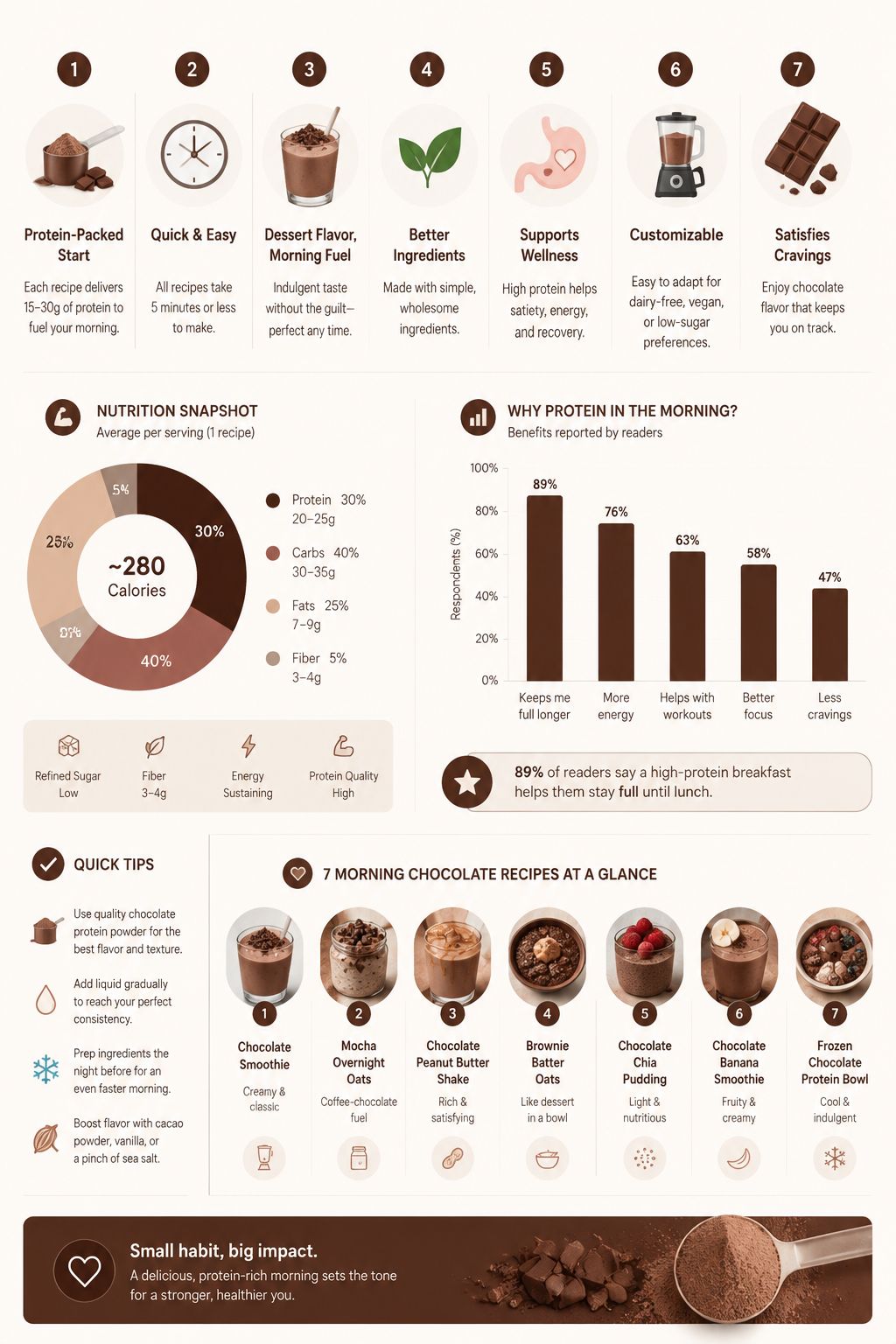 Professional infographic for article "7 Morning Chocolate Protein Powder Recipes That Taste Like Dessert", section: "Key