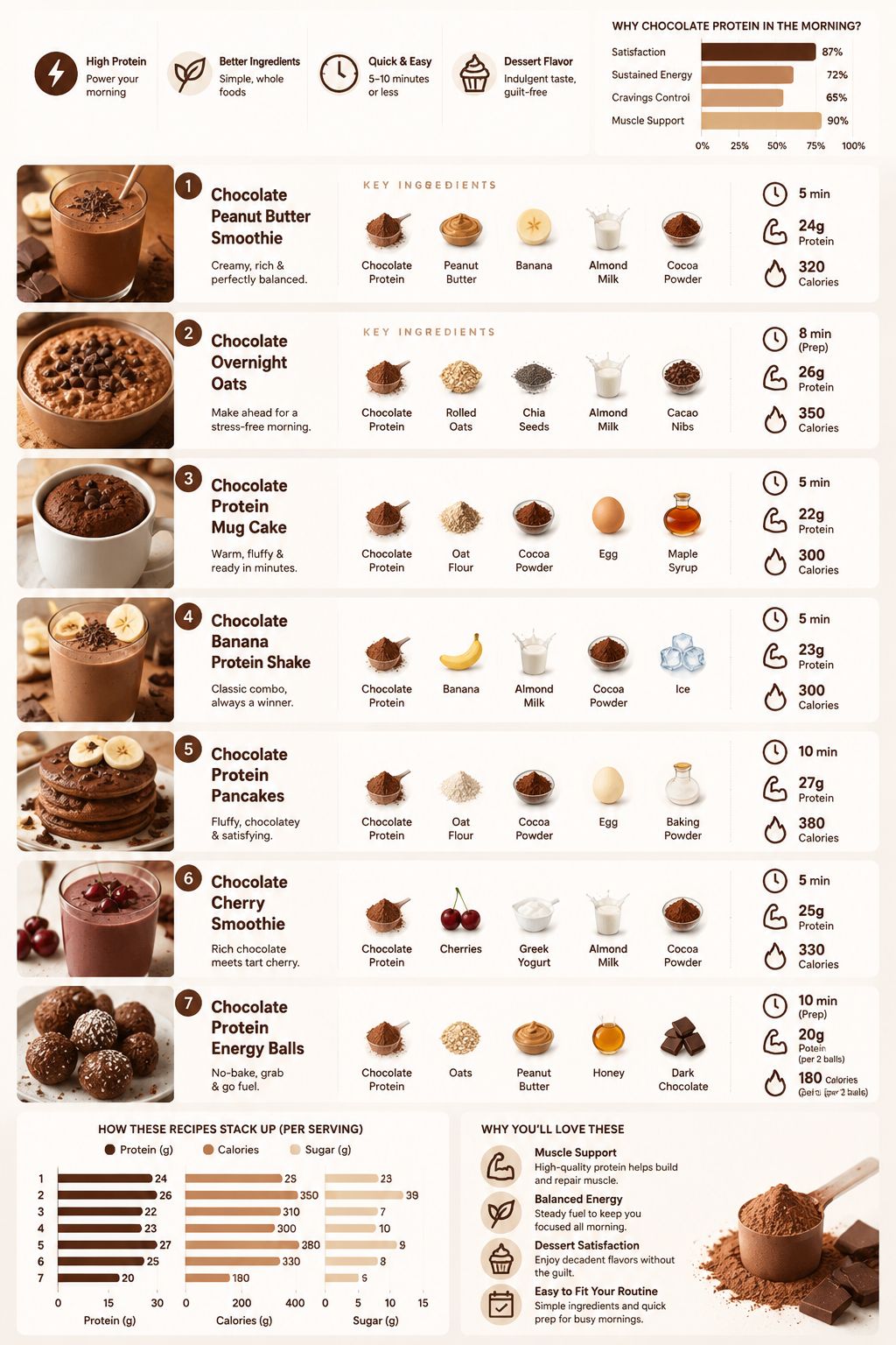 Professional infographic for article "7 Morning Chocolate Protein Powder Recipes That Taste Like Dessert", section: "The 7