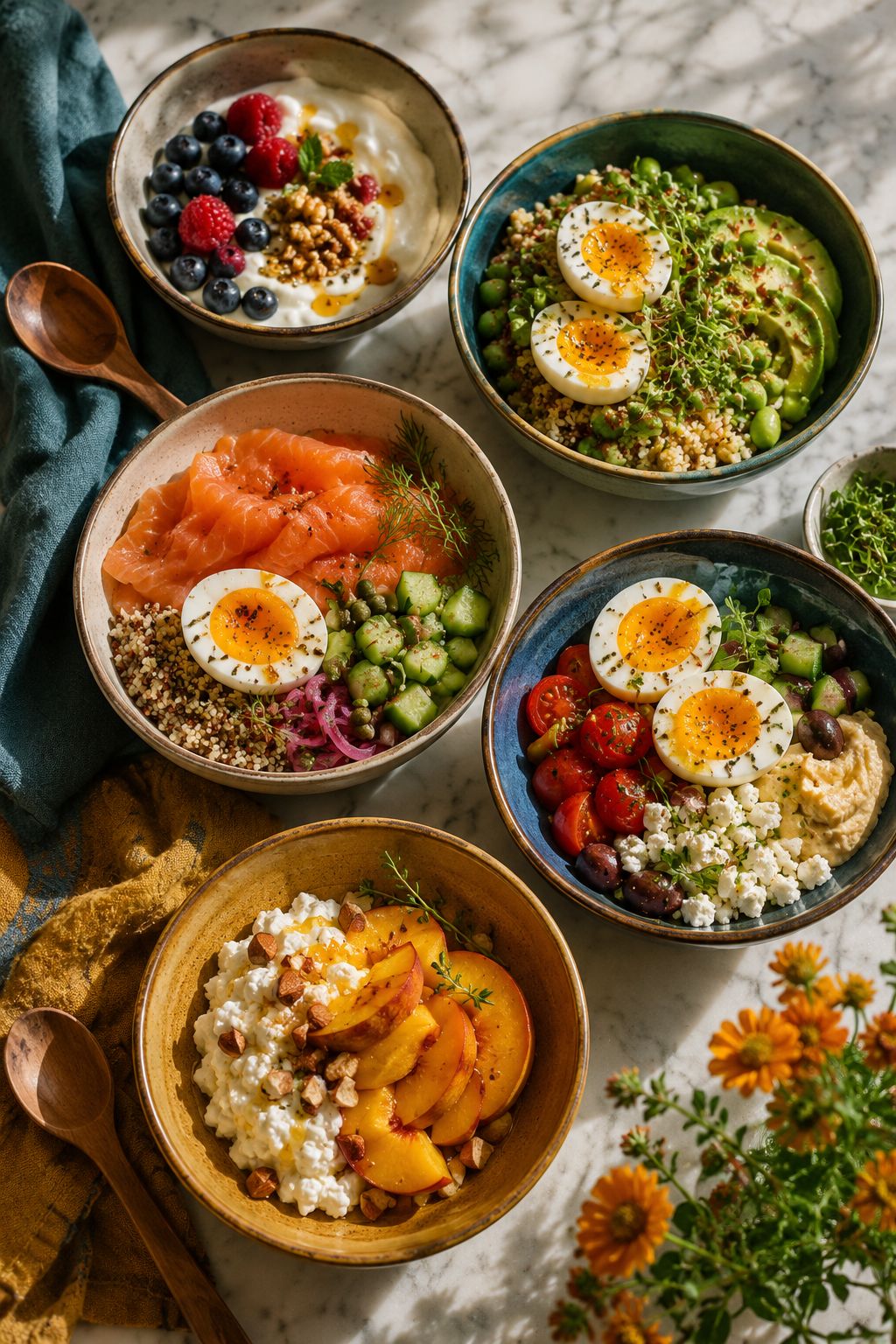 Professional portrait/Pinterest format () hero image of a stunning flat-lay arrangement of five colorful high-protein