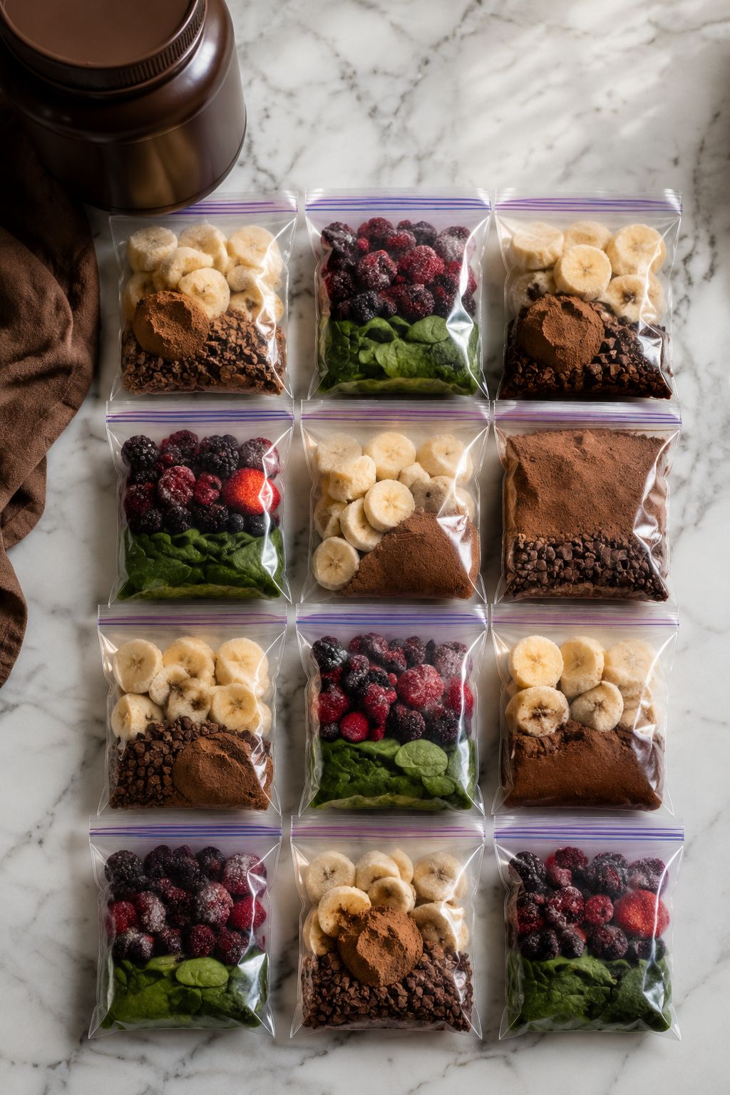 Professional portrait/Pinterest format () hero image showing a stunning flat lay of 12 individual zip-lock freezer bags