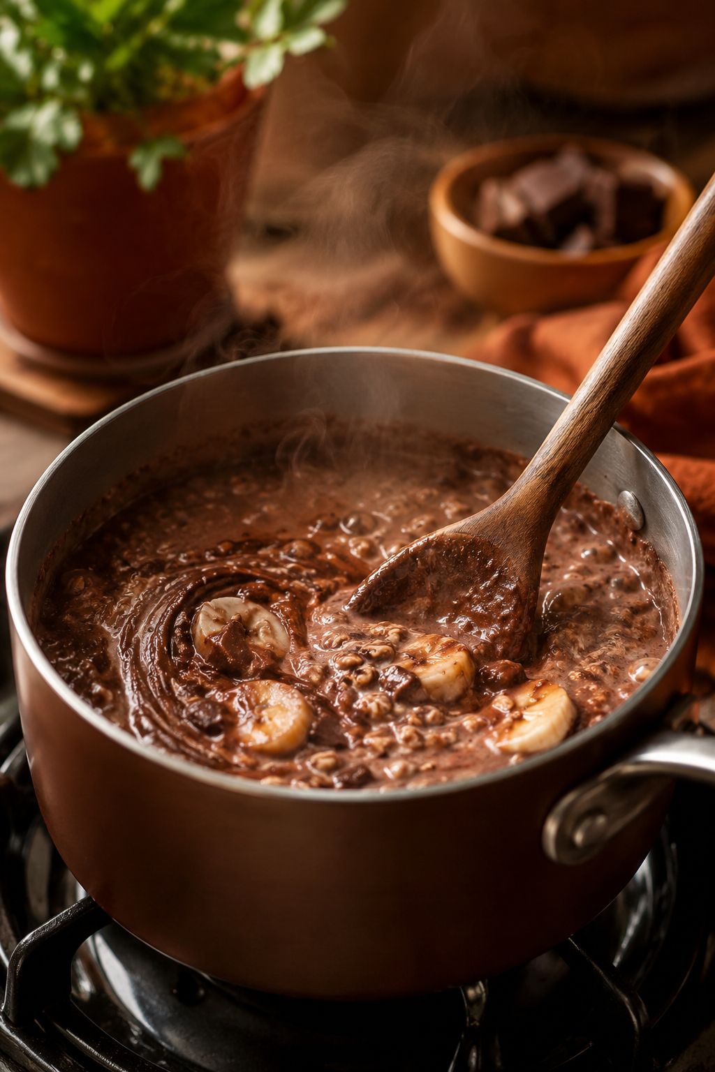 Side angle shot of a saucepan on a stove with bubbling chocolate protein oatmeal being stirred with a wooden spoon, steam