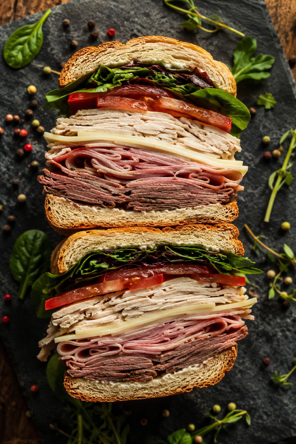 Close-up overhead flat-lay portrait () of a fully loaded triple-meat sandwich cross-section on a slate board, showing
