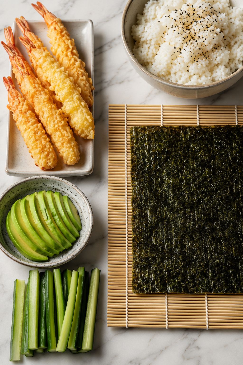 Close-up overhead shot of a bamboo sushi rolling mat with nori sheet, cooked shrimp tempura, avocado slices, cucumber