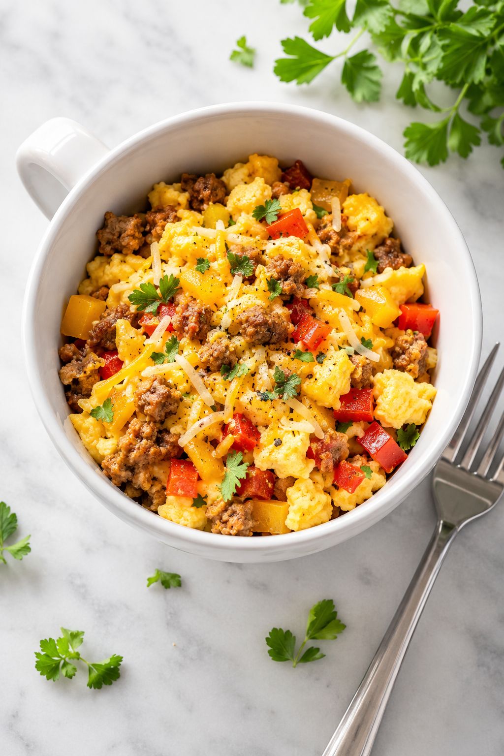 Close-up portrait/Pinterest format () overhead shot of a large white ceramic mug filled with fluffy scrambled eggs, diced