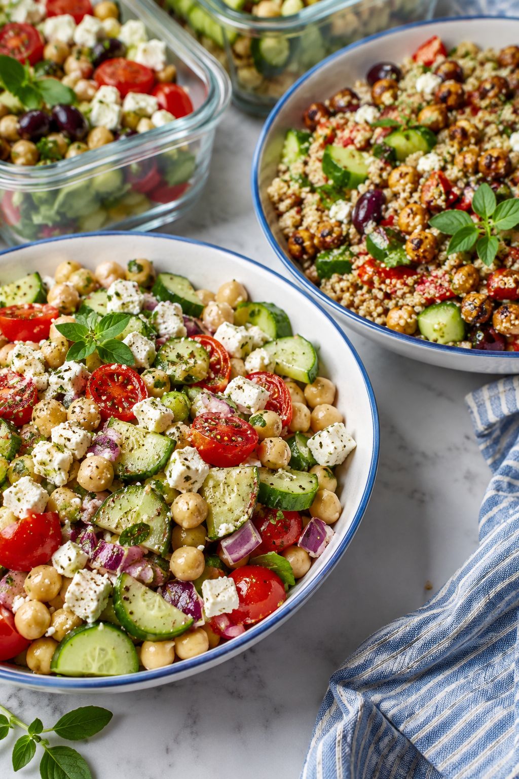 Portrait/Pinterest format () close-up overhead shot of a Greek chickpea salad bowl and a quinoa grain bowl side by side on a