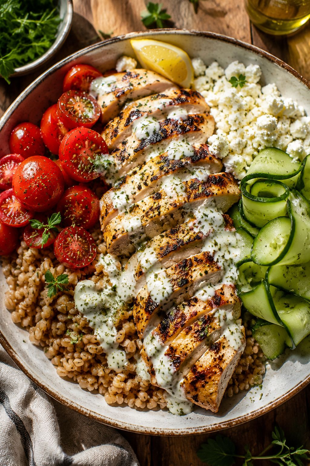 Portrait/Pinterest format () close-up overhead shot of a colorful Greek chicken power bowl on a rustic wooden board,