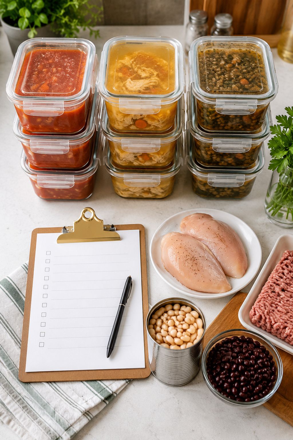 Portrait/Pinterest format () showing a bright kitchen counter scene with multiple labeled glass freezer containers filled