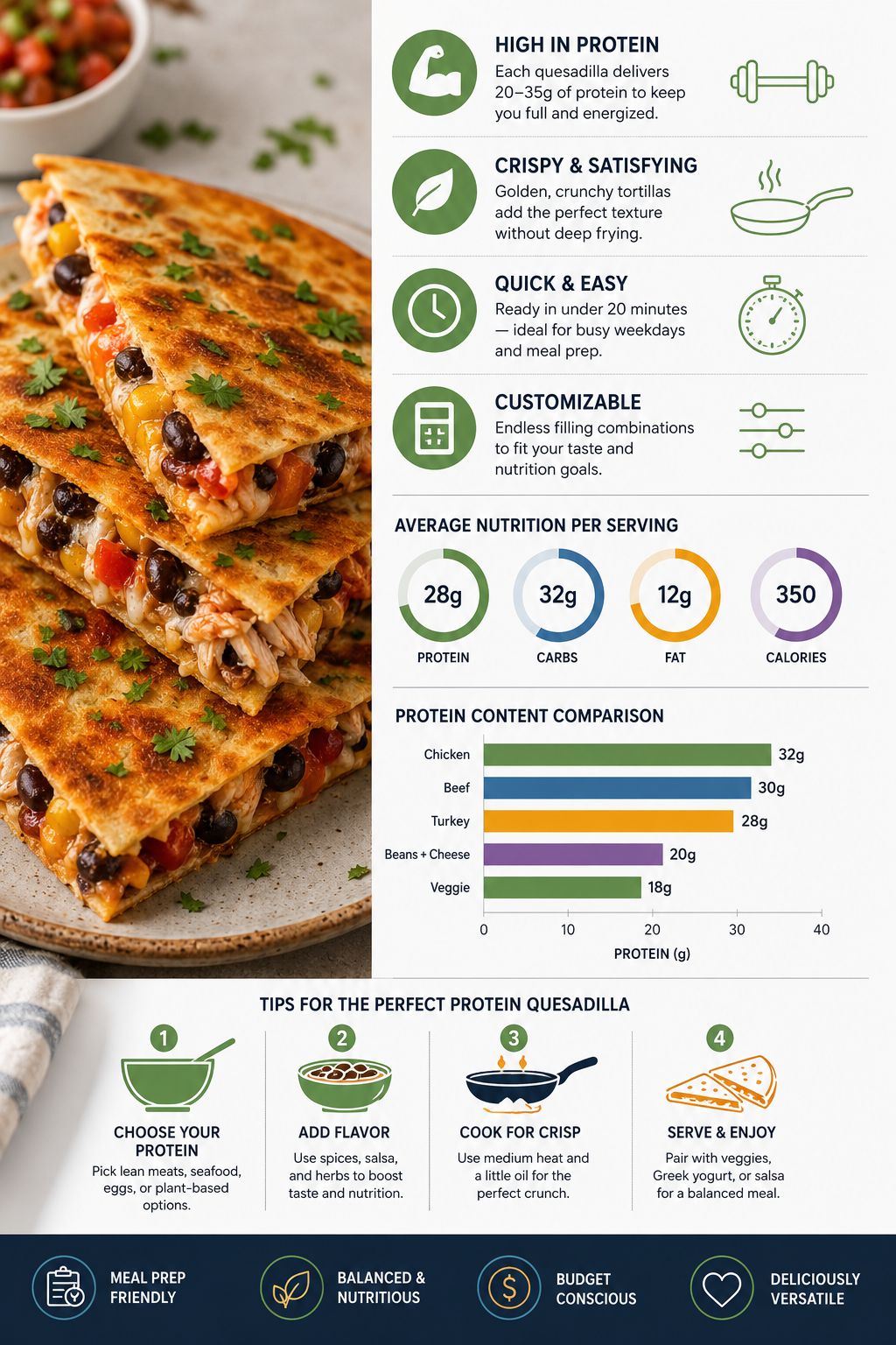 Professional infographic for article "22 High Protein Lunch Quesadillas With a Crispy Twist", section: "Key Takeaways".