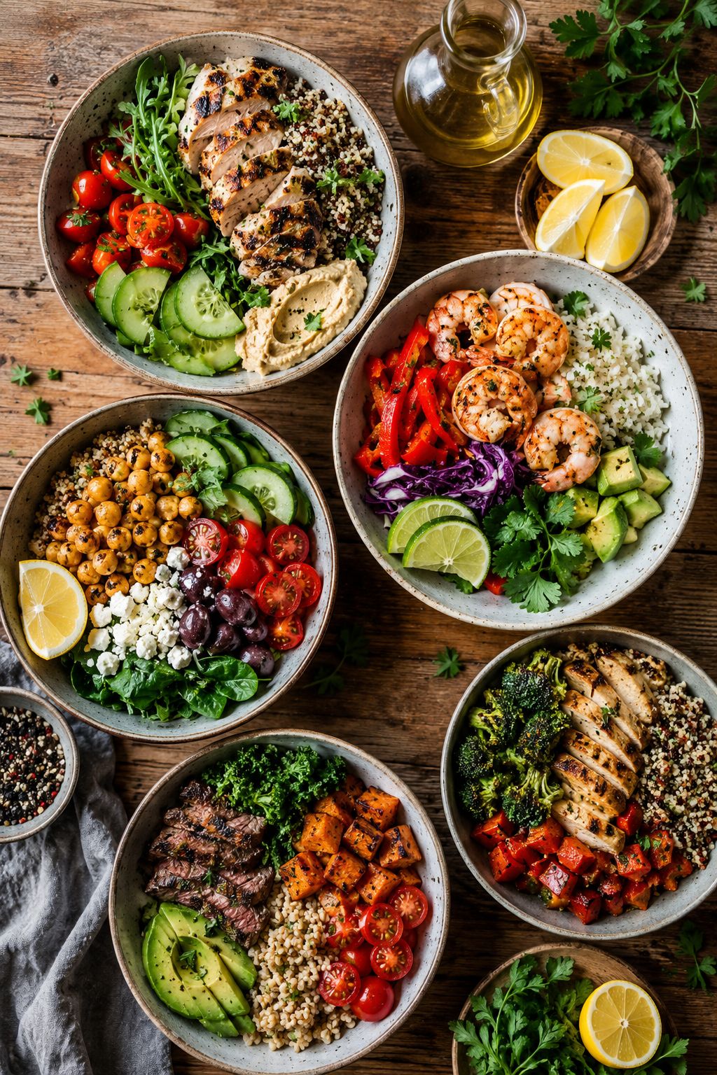 Professional portrait/Pinterest format () hero image showcasing five vibrant high-protein lunch bowls arranged on a rustic
