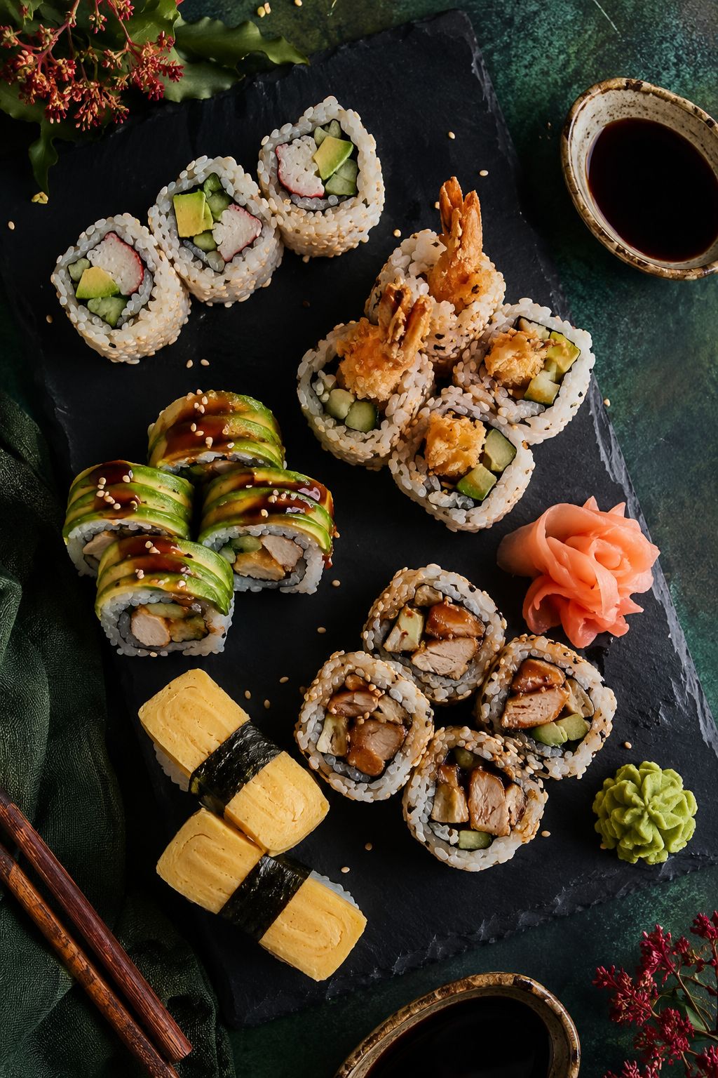 Professional portrait/Pinterest format () hero image showing a stunning flat-lay arrangement of seven colorful sushi rolls